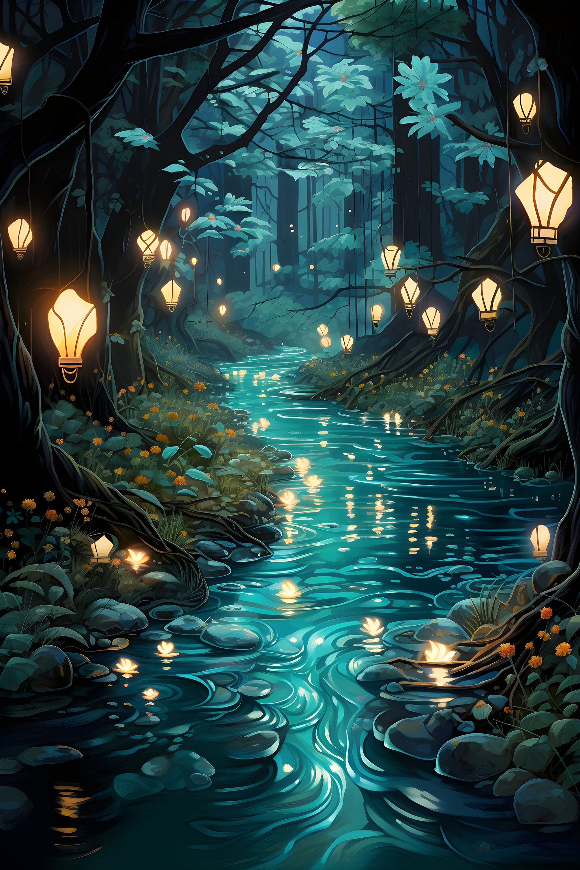 Spirit Forest With Lanterns Canvas Wall Art Print | Magical Enchanted