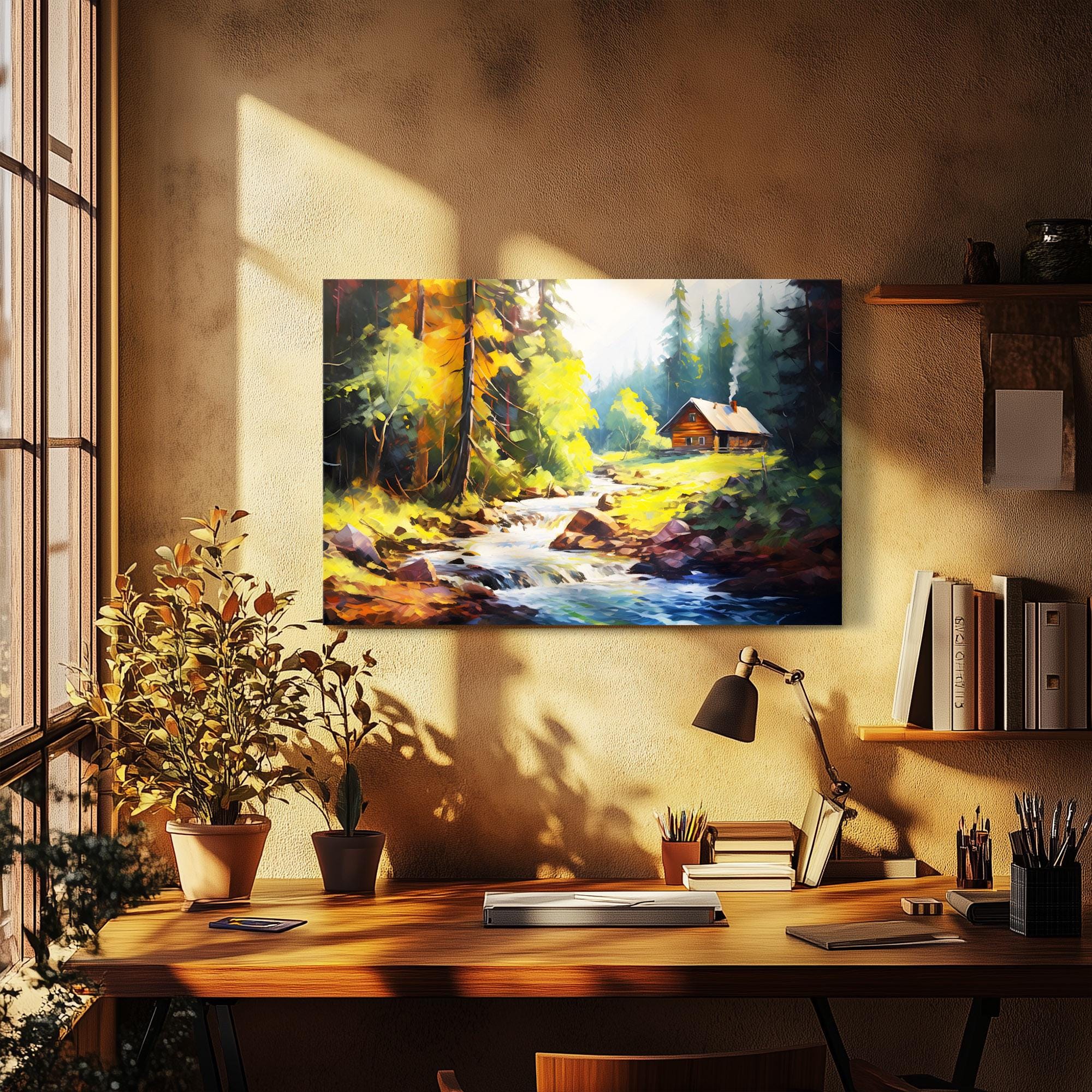 Vintage Cozy Cabin in Forest Oil Painting Print on Canvas | Lodge Decor ...