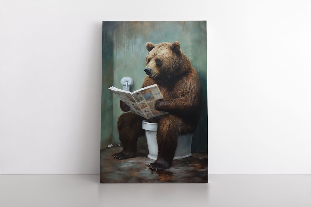 Grizzly Bear Sitting on the Toilet Framed Canvas Painting Print Funny