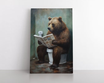 Ours grizzli assis sur les toilettes | Impression sur toile encadrée | Art mural animaux rigolos | Art hilarant pour la salle de bain | Déco humoristique ours brun