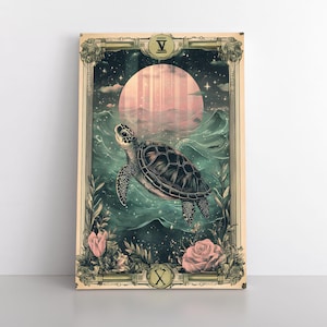 Tarot Karte inspiriert himmlische Meeresschildkröte Leinwand Wand Kunst | Meerestiere Küstenleben Kunstwerk | Niedliche Schildkröte | Zauberhaftes Dekor