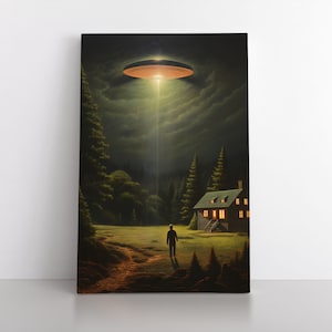 UFO Alien Abduction Wall Art Print on Canvas | Extraterrestrial Aliens Artwork | Flying Saucer | Cool Teen Bedroom Decor Gift
