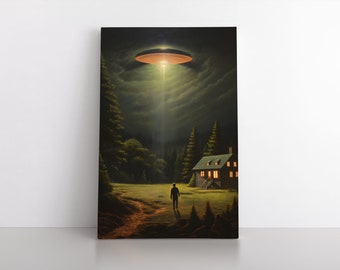 UFO Alien Abduction Wall Art Print on Canvas | Extraterrestrial Aliens Artwork | Flying Saucer | Cool Teen Bedroom Decor Gift