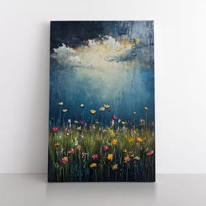 Wildflowers in Field & Dark Sky Rain Storm Oil Painting Print on Canvas Wall Art Print | Spring Nature Artwork Landscape | Moody Farmhouse