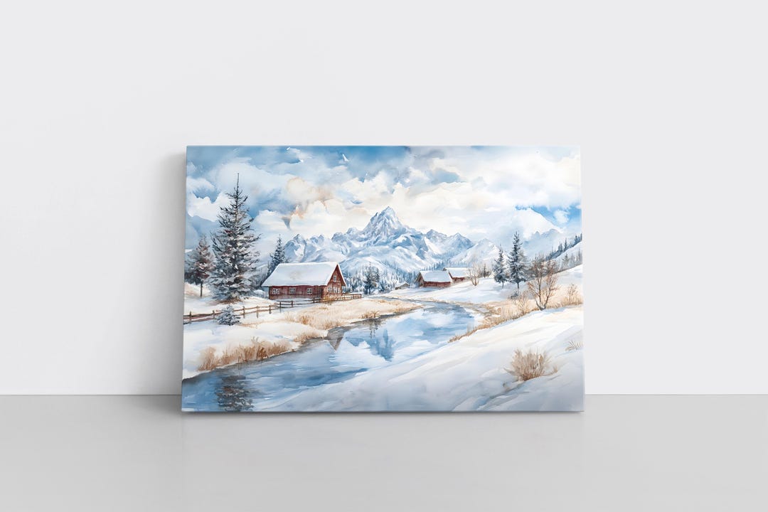 Vintage Ranch House in Snowy Winter Forest Watercolor Painting Print on ...