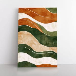 Earth Waves Abstrakte Malerei Druck auf gerahmter Leinwand Kunst, Erdtöne Waldgrün Terracotta Rost Orange Beige, Moderne Kunst