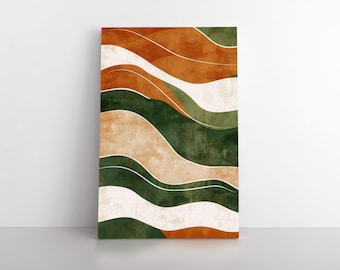 Earth Waves Abstract Painting Print on Framed Canvas Wall Art, Earthy Forest Green Terracotta Rust Orange Beige, Modern Contemporary Artwork
