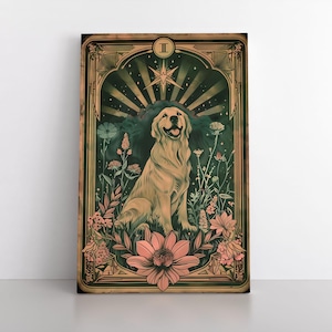Niedliche Golden Retriever Tarot Karte Inspiriert Leinwand Wand Kunst | Erdige himmlische mystische Dekoration | Haustier Hund Geschenk