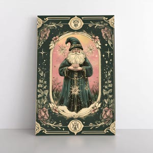 Impresión artística de lienzo de Papá Noel celta para pared / Decoración navideña de estilo Art Nouveau, terroso y místico / Obra de arte de brujas inspirada en las cartas del Tarot