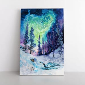 Abstract Watercolor Snowy Winter Forest Auroras Northern Lights Painting Print on Canvas | Northern Landscape Artwork | Blue Green Purple