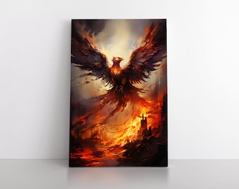 Fiery Phoenix Bird Rising From Flames Wall Art Print on Framed Canvas & Poster | Fantasy Bedroom Decor Painting