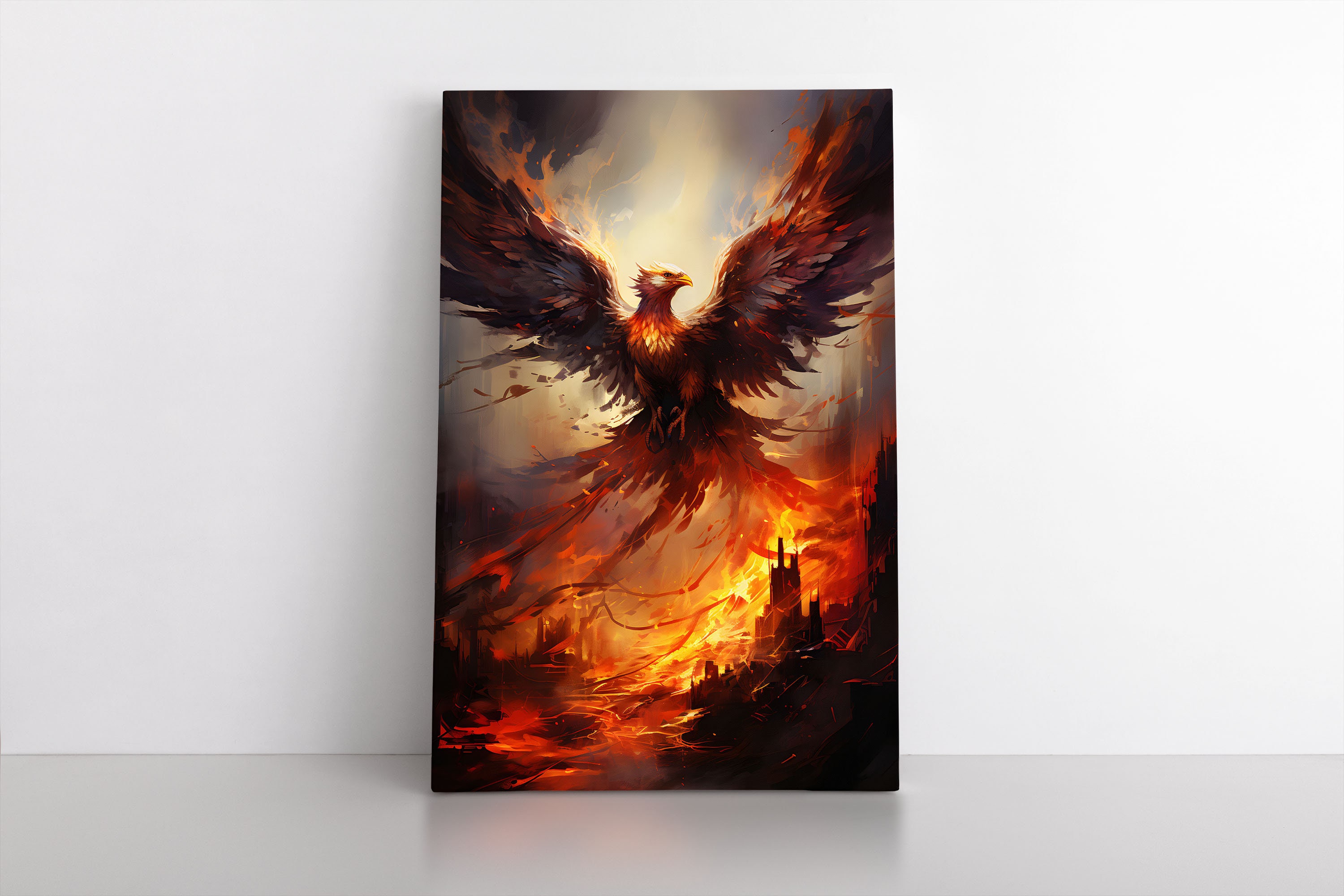 Fiery Phoenix Bird Rising From Flames Wall Art Print on Framed