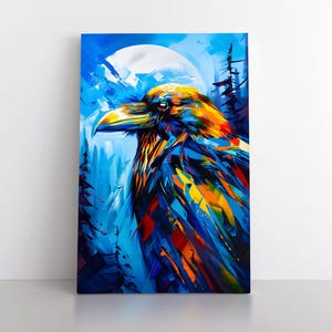Colorful Raven Oil Painting Print on Framed Canvas Wall Art | Lodge Cabin Decor | Northern Animals Wildlife | Raven Totem Birds Artwork