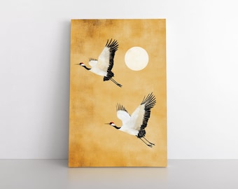 Cuadro decorativo de grullas voladoras doradas – Impresión minimalista en lienzo con luna llena amarilla, pintura de grullas de inspiración japonesa, decoración tradicional zen japonesa.