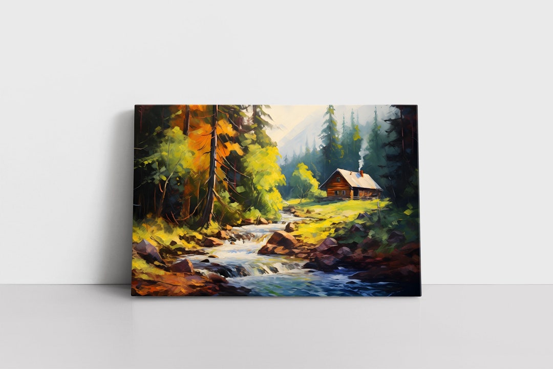 Vintage Cozy Cabin in Forest Oil Painting Print on Canvas Lodge Decor ...