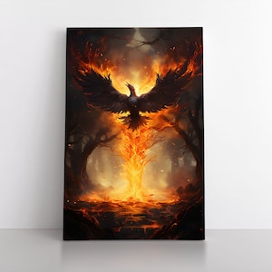 Fiery Phoenix Bird Rising From Flames Wall Art Print on Framed Canvas & Poster | Mythical Creature | Fantasy Bedroom Decor Painting