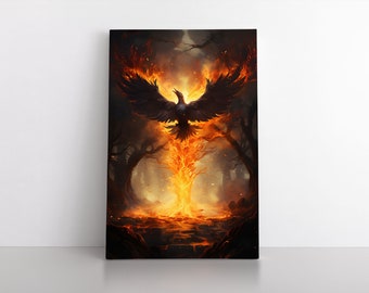 Fiery Phoenix Bird Rising From Flames Wall Art Print on Framed Canvas & Poster | Mythical Creature | Fantasy Bedroom Decor Painting