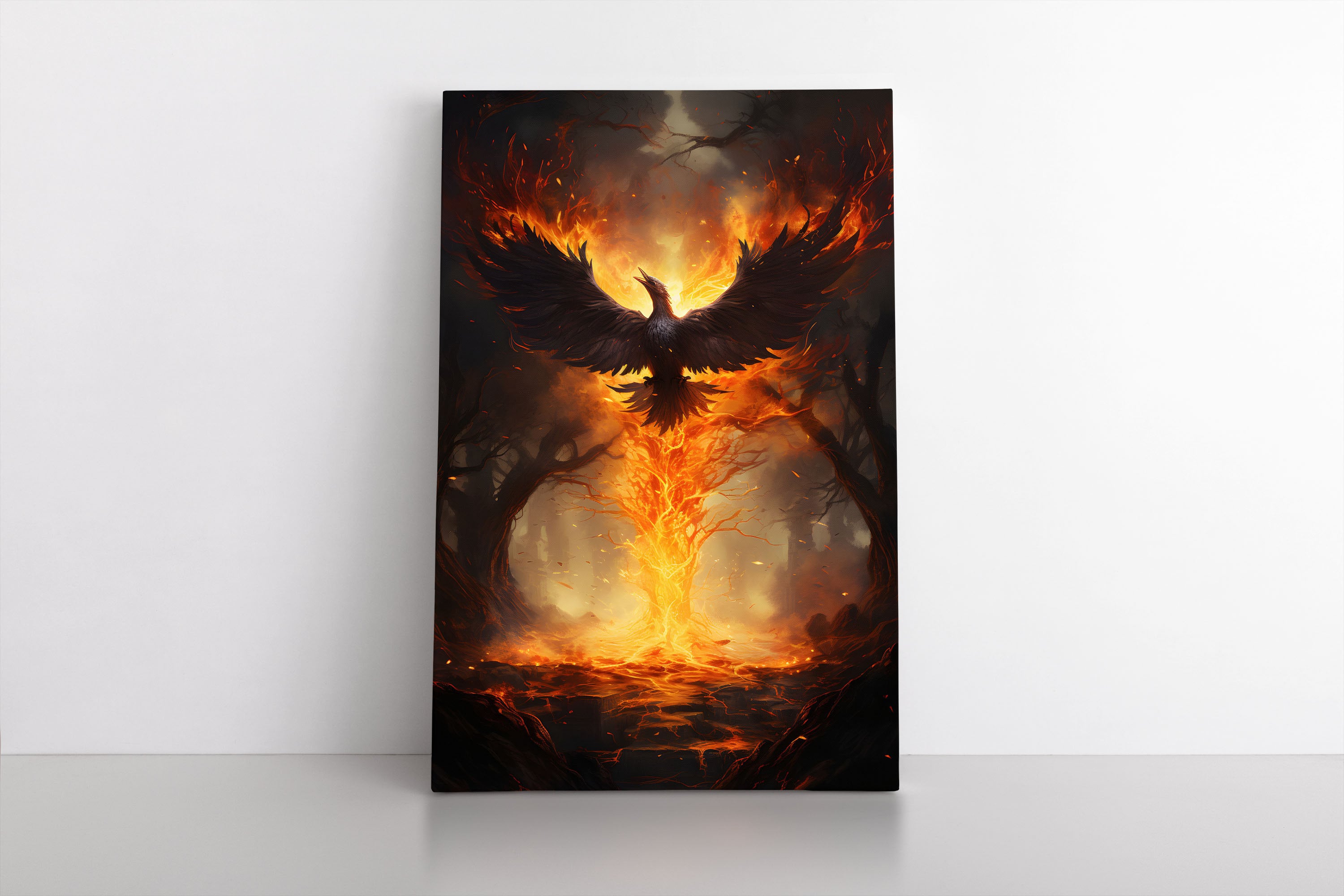 Fiery Phoenix Bird Rising From Flames Wall Art Print on Framed Canvas ...
