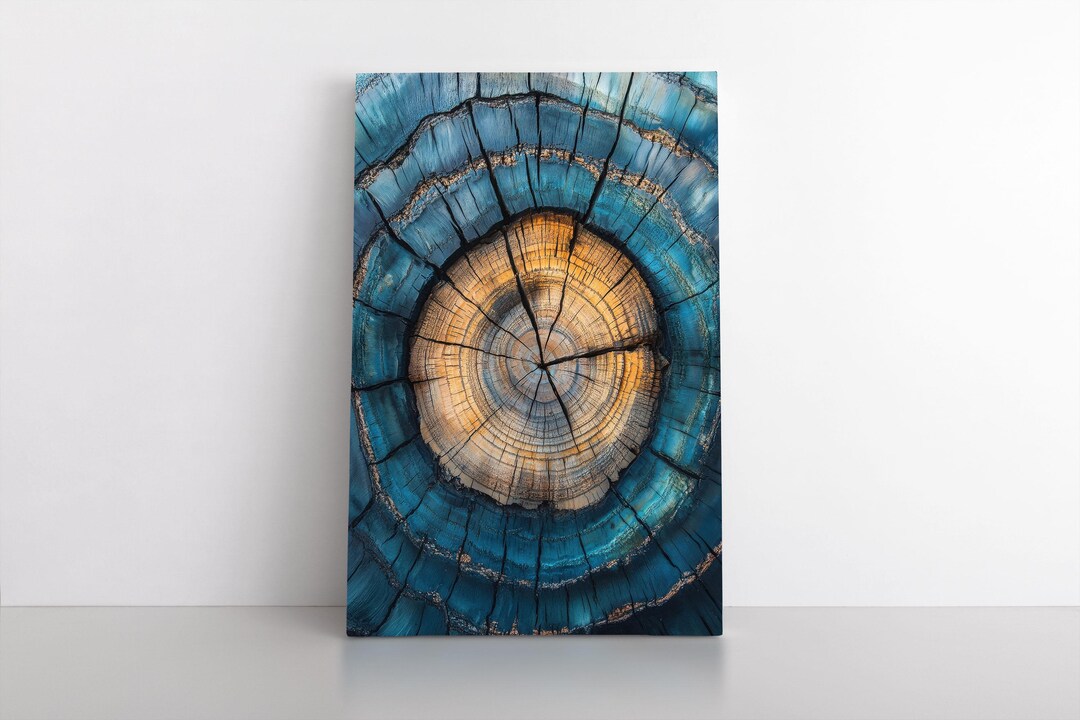 Tree Stump Rings Mural Blue & Rusty Amber Tree Stump Rings Framed Canvas Wall Art Print ...
