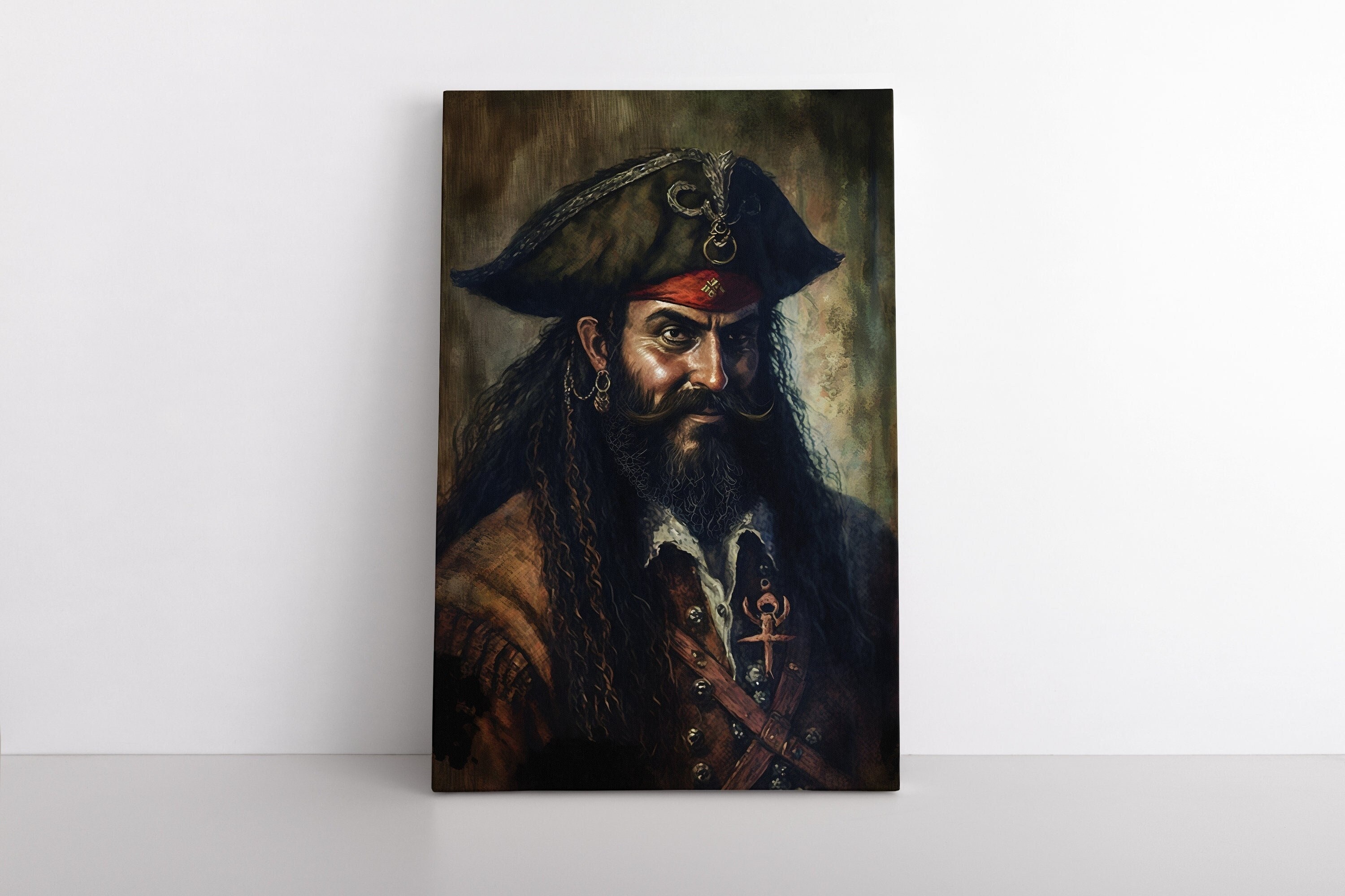Pirate Blackbeard Portrait Painting Print on Canvas Wall Art | Vintage Style Portraits | Funny Home Decor | Man Cave