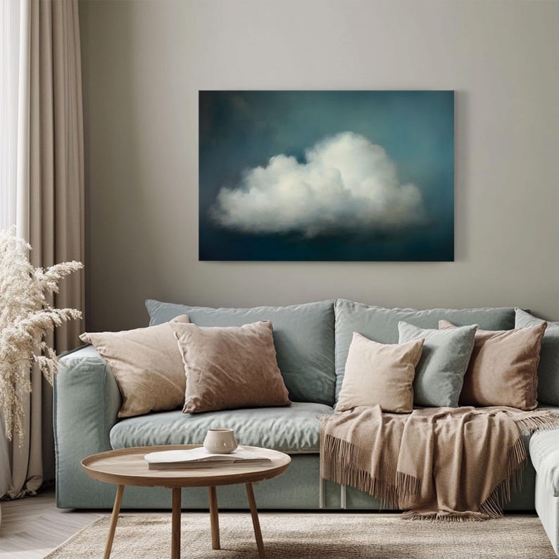 Cuadro minimalista de nubes impreso en lienzo enmarcado / Obra de arte abstracta de cielo azul y nubes / Arte de pared con ambiente íntimo / Decoración para sala de estudio imagen 6