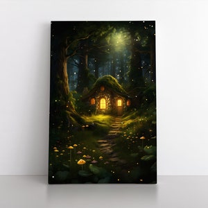 Cabaña de bosque mágico encantado con hongos, lienzo impreso y póster para pared, decoración de dormitorio de fantasía mística con árboles del bosque espiritual.