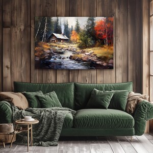 Vintage Country Cabin in Forest Oil Painting Print on Canvas | Lodge ...