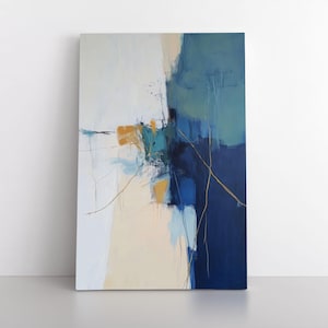 Abstract Blue Beige Gold Painting Wall Art Print on Framed Canvas | Modern Contemporary Artwork, Neutral Blue Office & Living Room Decor