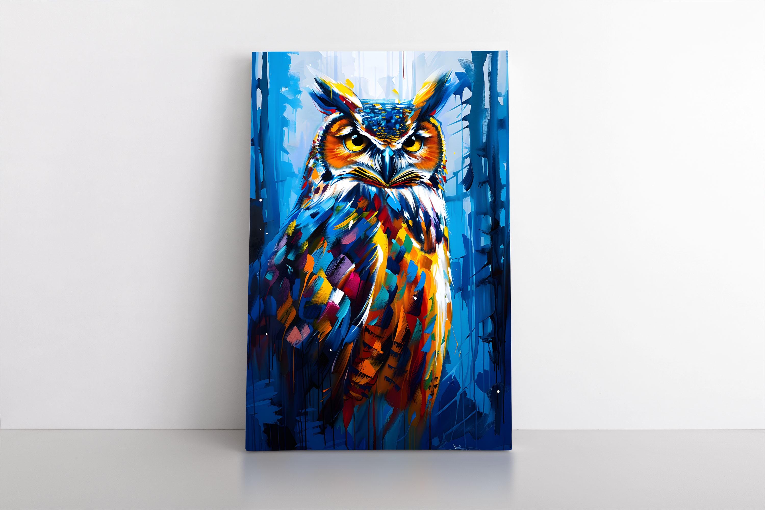 カラフルなフクロウの油絵プリント（額入りキャンバスウォールアート