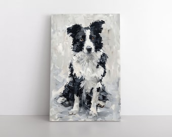 Retrato de un adorable perro Border Collie pintado al óleo / Lámina decorativa de pared con diseño de Border Collie / Regalo artístico