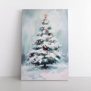 Vintage Christmas Wall Art | Rustic Snowy Christmas Tree Oil Painting Print on Framed Canvas | Seasonal Christmas Decoration