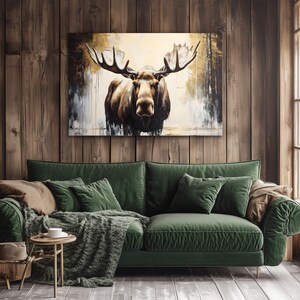 Modern Moose Wall Art Print on Framed Canvas | Rustic Alaskan Animals Wildlife Nature | Lodge Cabin Decor | Moose Artwork Picture Painting