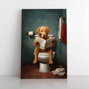 Cute Golden Retriever Sitting On Toilet Reading Newspaper | Dog Painting Canvas Wall Art | Animals on Loo | Funny Dog Pics Bathroom Artwork