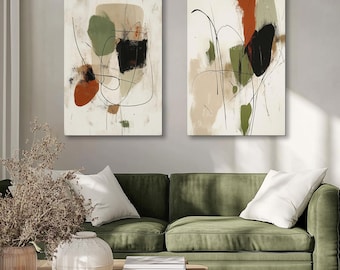 2 Piece Bundle Set, Abstract Olive Green Brown Black Wall Art Print on Framed Canvas | Modern Contemporary Minimalist Earthy Colors & Shapes