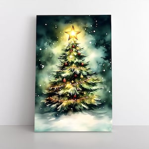 Arte de parede rústica de Natal | Pintura vintage de árvore de Natal com neve em tela emoldurada | Decoração natalina sazonal
