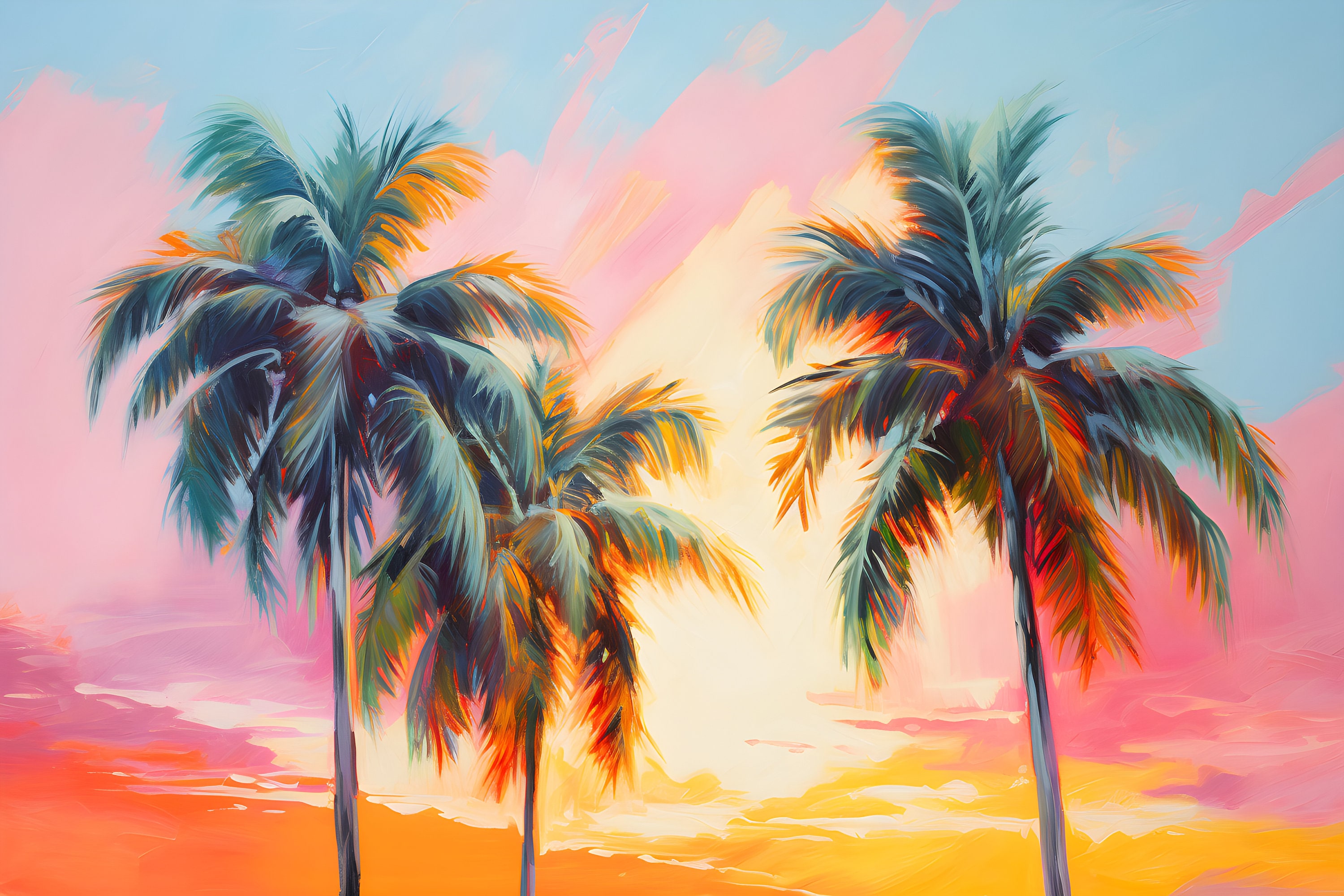 Tropical Beach Sunset Palm Trees Oil Painting Print on Framed Canvas ...