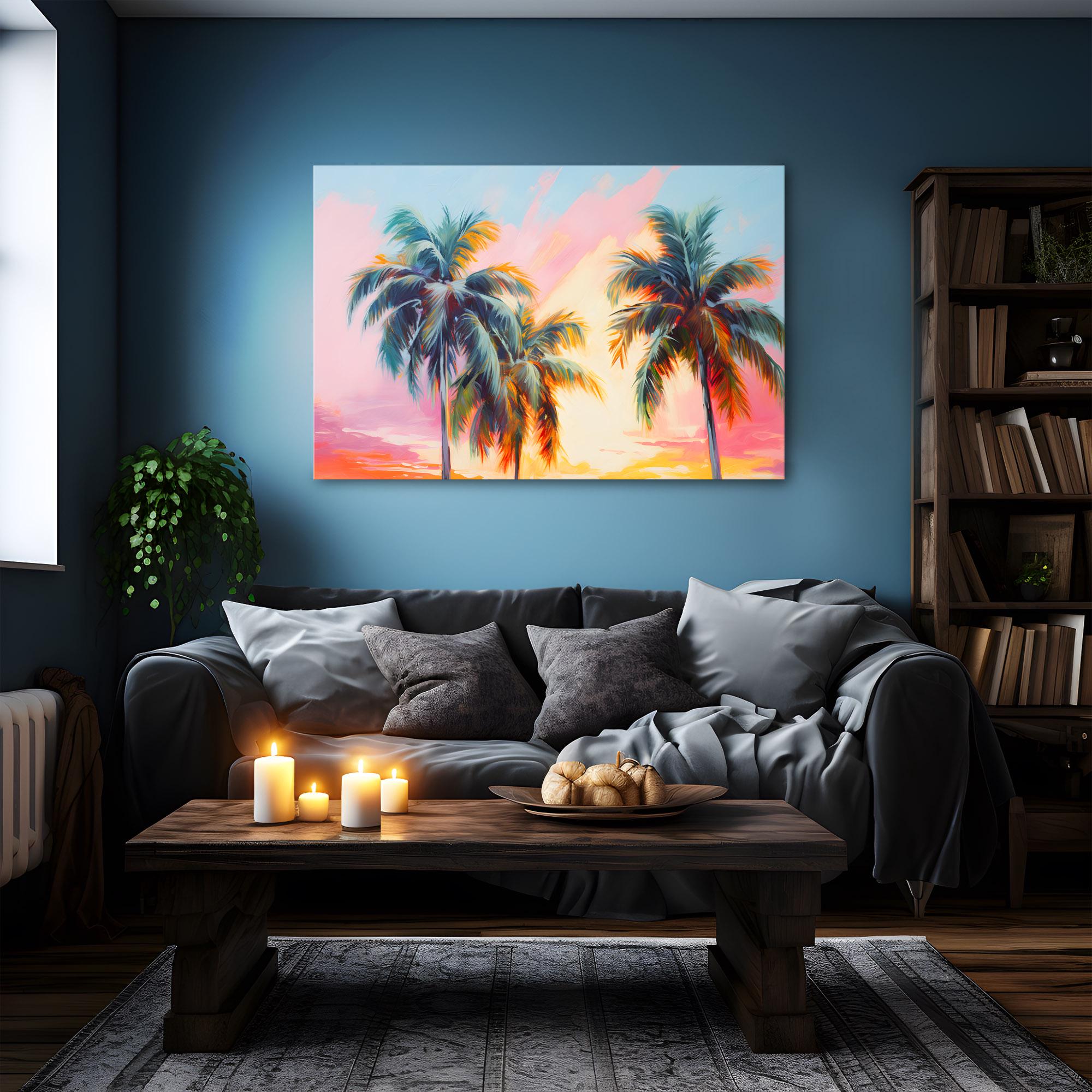 Tropical Beach Sunset Palm Trees Oil Painting Print on Framed Canvas ...