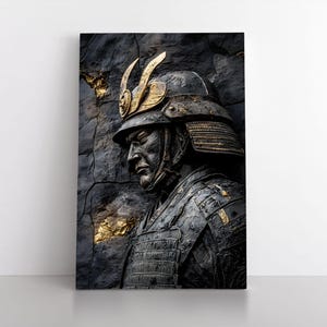 Ancient Japanese Samurai Warrior Framed Canvas Print Wall Art, Masculine Fighter Decor, Ronin Shogun, Gift for Martial Arts Man, Black Gold