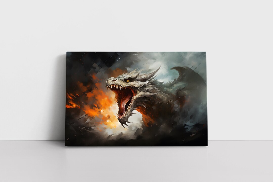 Fire Breathing Dragon Oil Painting Print on Framed Canvas Wall Art ...