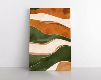 Earth Waves Abstract Painting Print on Framed Canvas, Earthy Forest Green Terracotta Rust Orange Beige Wall Art, Modern Contemporary Artwork