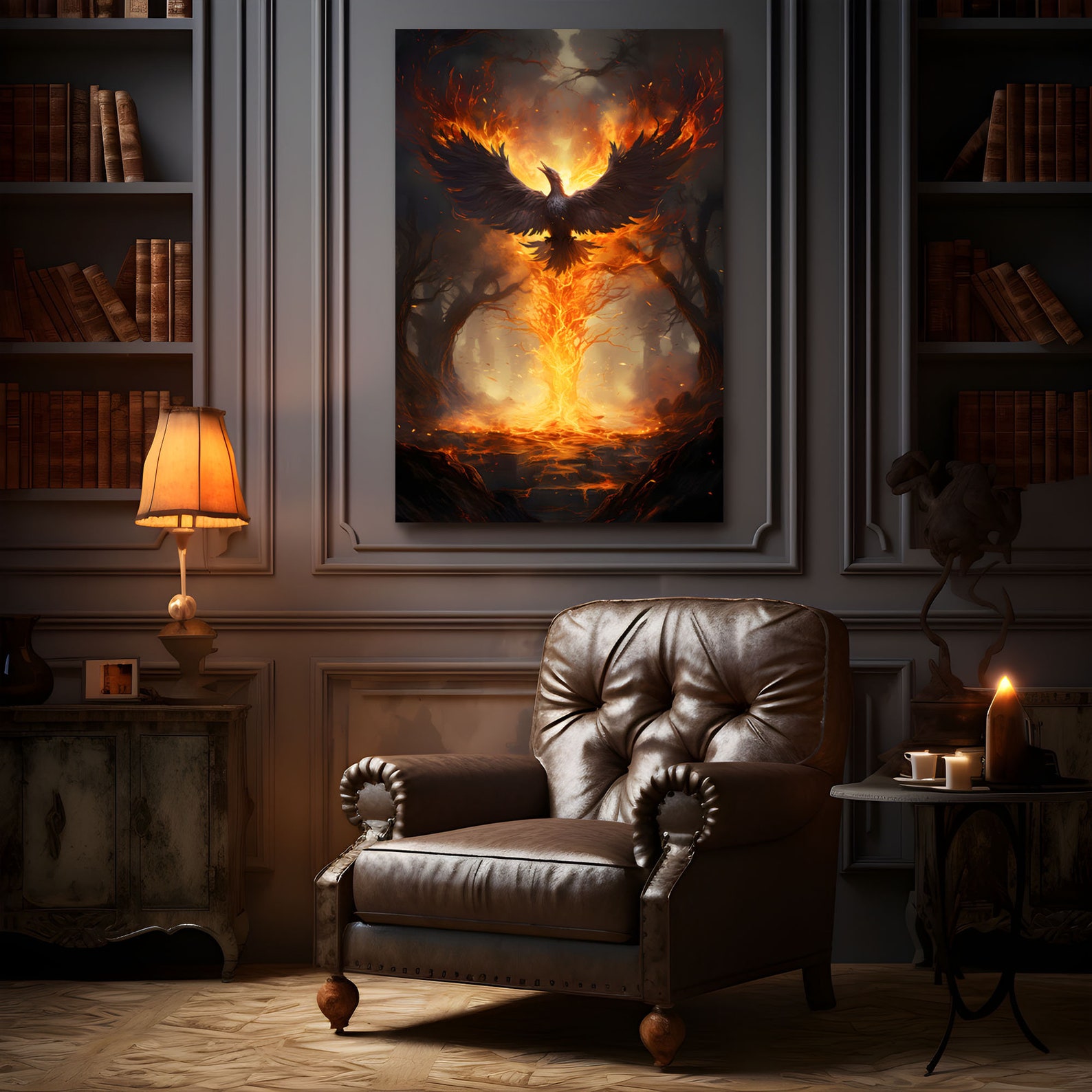 Fiery Phoenix Bird Rising From Flames Wall Art Print on Framed Canvas ...
