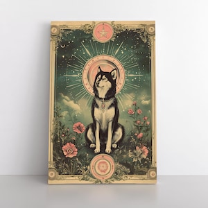 Siberian Husky Hund Tarot Karte Inspiriert Leinwand Wand Kunst | Erdige Himmlische mystische Witchy Whimsigoth Dekoration | Haustier Hund Cute Husky Geschenk