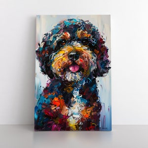 Colorful Cute Portuguese Water Dog Portrait Oil Painting Print | Abstract Portuguese Water Dog Artwork | Portie Pet Wall Art Gift