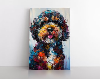 Colorful Cute Portuguese Water Dog Portrait Oil Painting Print | Abstract Portuguese Water Dog Artwork | Portie Pet Wall Art Gift