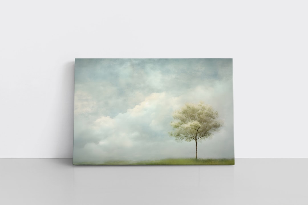 Minimalist Cloud and Tree Painting Print on Framed Canvas | Abstract ...