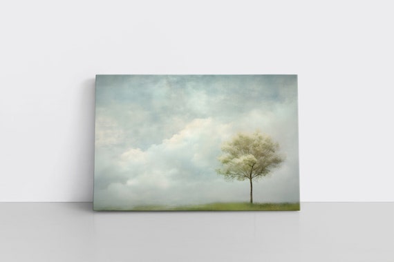 Minimalist Cloud and Tree Painting Print on Framed Canvas | Abstract Blue Sky & Clouds Artwork | Tree Wall Art | Study Room Decor
