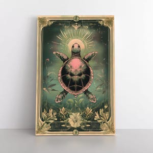 Tarot Karte inspiriert Meeresschildkröte Leinwand Wand Kunst | Erdiger Jugendstil Dekor | Meerestiere Küstenleben Kunstwerk | Süße Schildkröte
