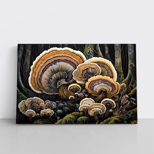 Earthy Mushrooms Painting on Framed Canvas Wall Art Print | Forest Fungi, Natural Decor, Wildcrafter Forager Mycology Gift for Nature Lover