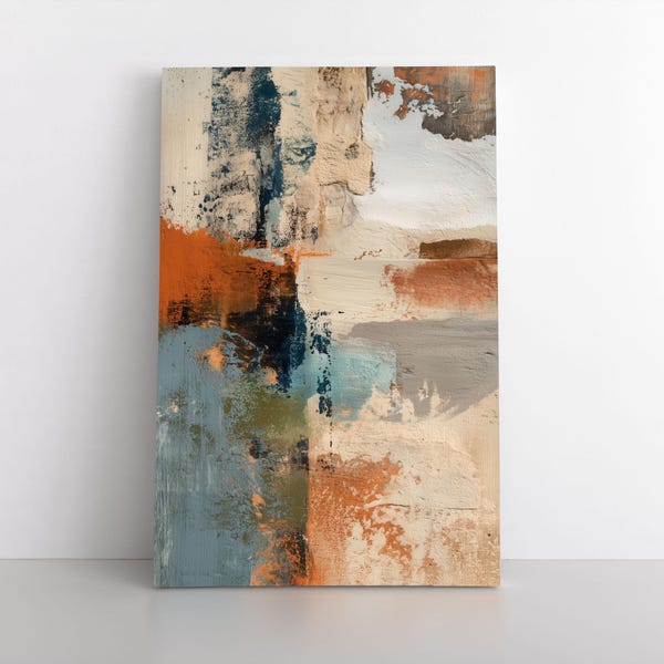 Earthy Abstract Canvas Wall Art in Burnt Orange, Beige, Blue | Vertical Gallery Wrapped Print for Modern Neutral Decor