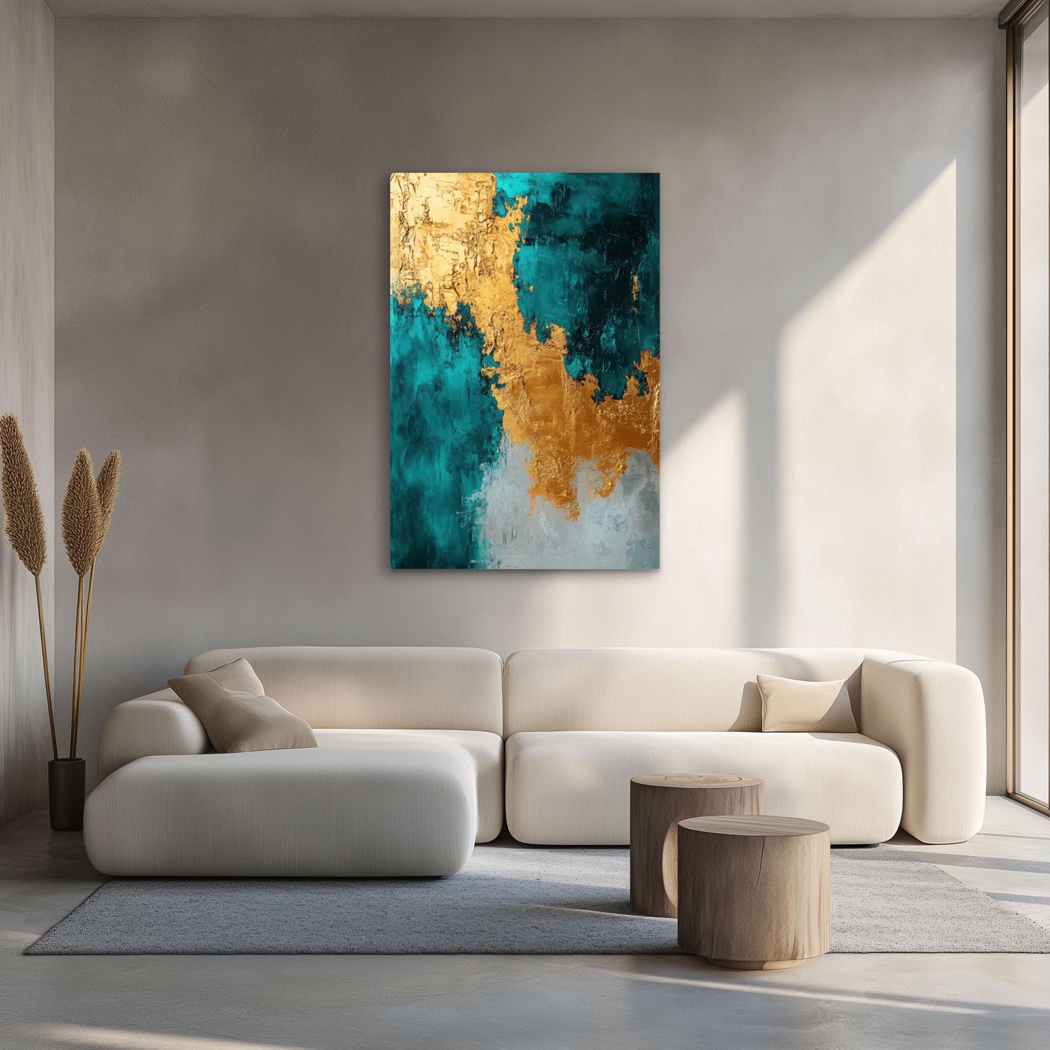 Abstract Metallic Teal Gold Painting Print on Framed Canvas Wall Art ...